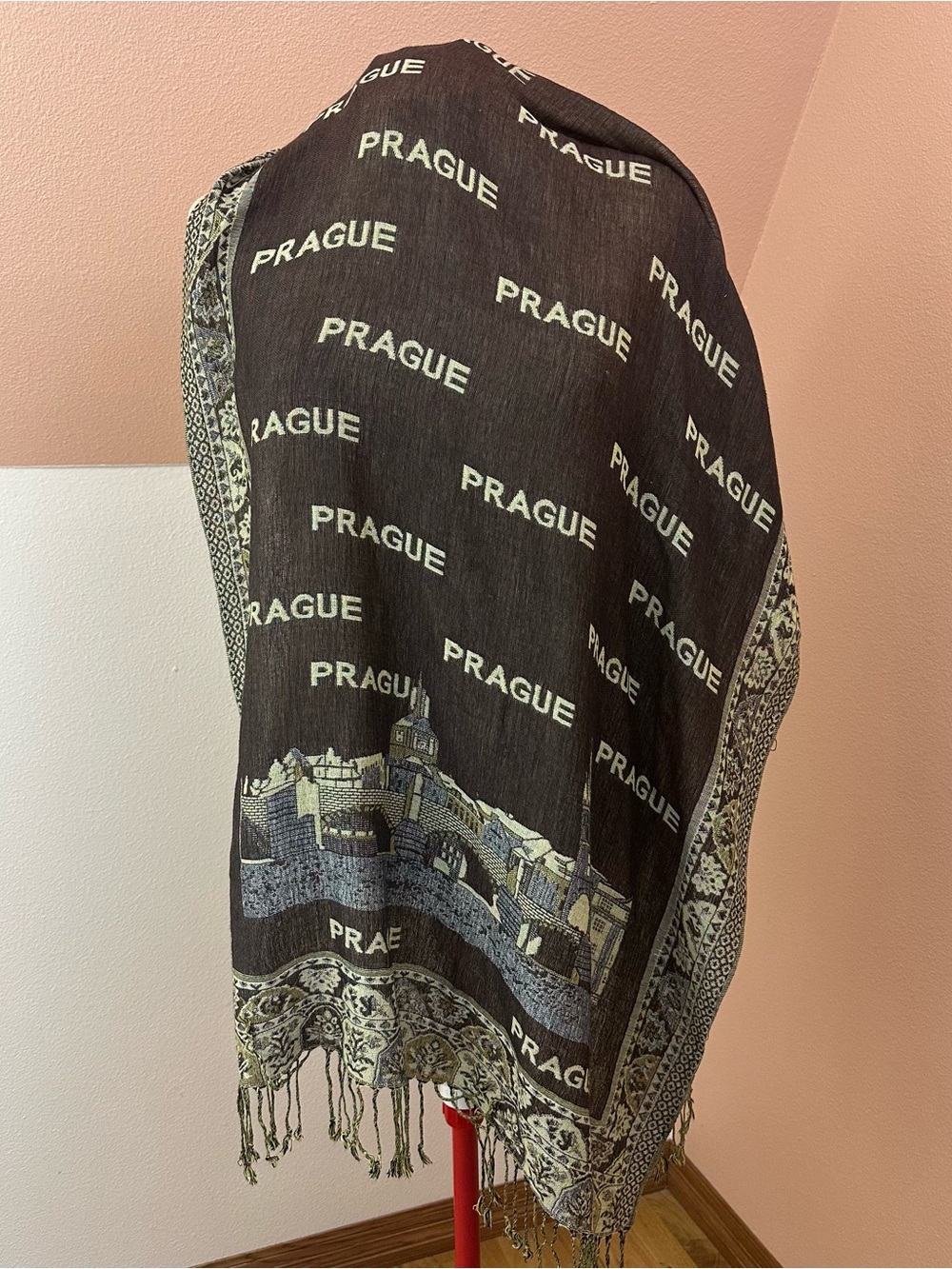 100% Pashmina Prague Scarf Shawl Brown Beige Tapestry Fringe 67x27.5